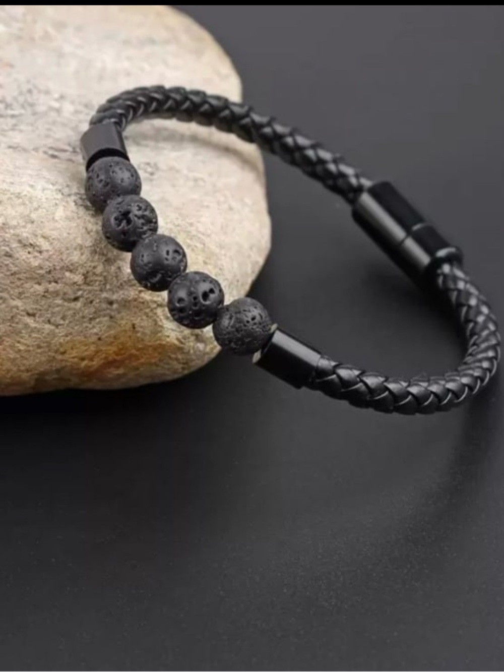 Men's Braided Leather Bracelet Black Lava Stone  ~NEW~